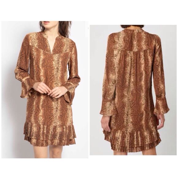 Scotch & Soda Maison Snake Print Dress Shift Medium Long Sleeve Pleated Hem NWT - Picture 2 of 13